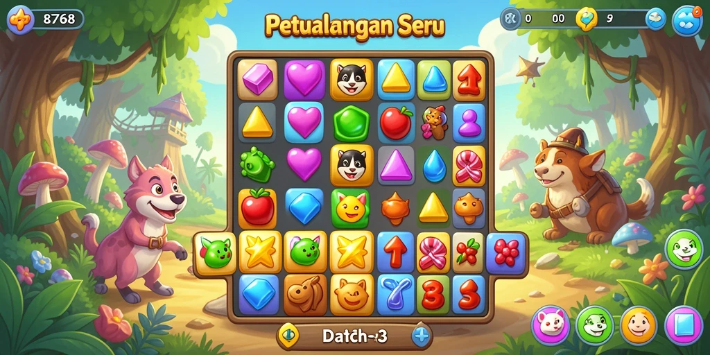 Menampilkan gameplay seru dalam game Match-3.