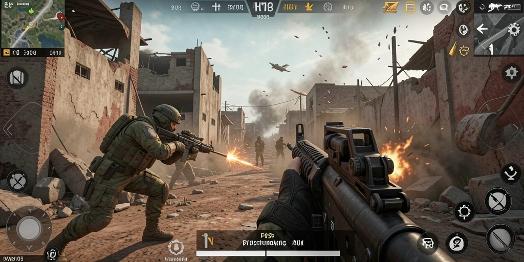 Tangkapan layar gameplay BUMI303 menampilkan pertempuran FPS yang epik.