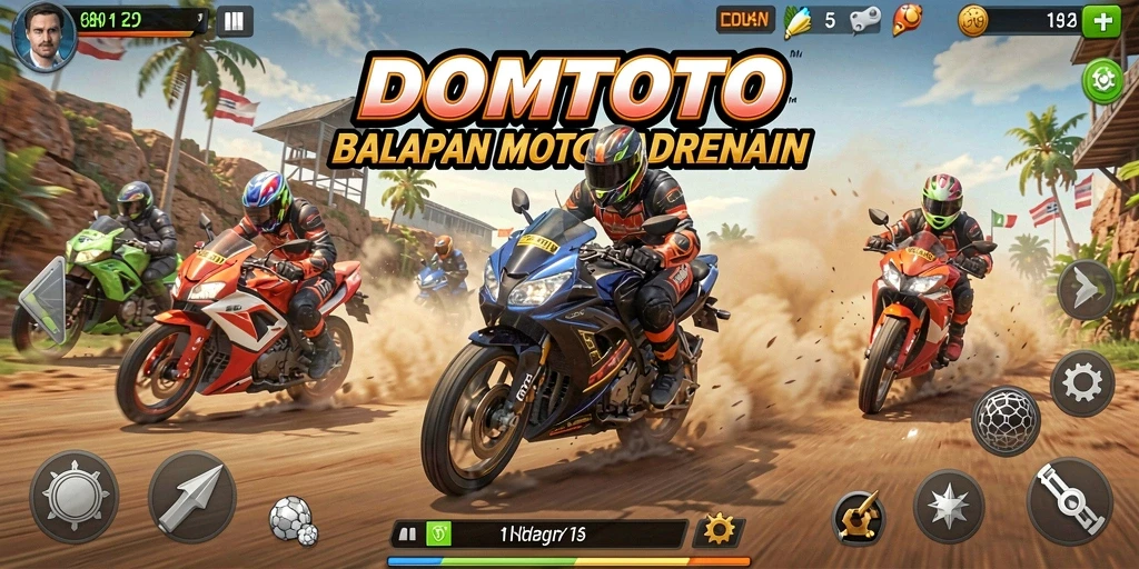 Screenshot DOMTOTO menampilkan aksi balapan motor yang mendebarkan dan penuh kecepatan.