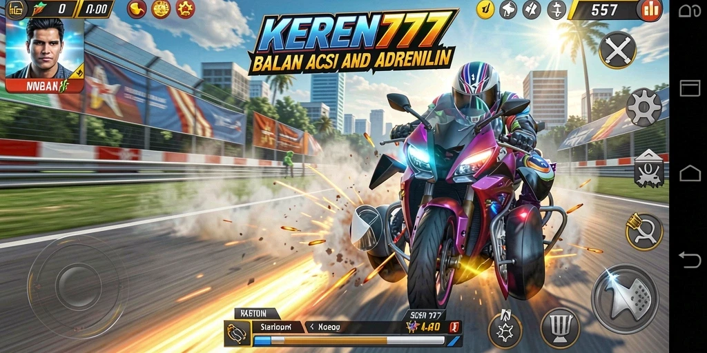 Tangkapan layar gameplay KEREN777 menampilkan balapan motor yang cepat dan seru.