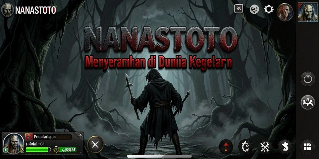Screenshot gameplay NANASTOTO menampilkan suasana menyeramkan di dalam ruangan gelap.