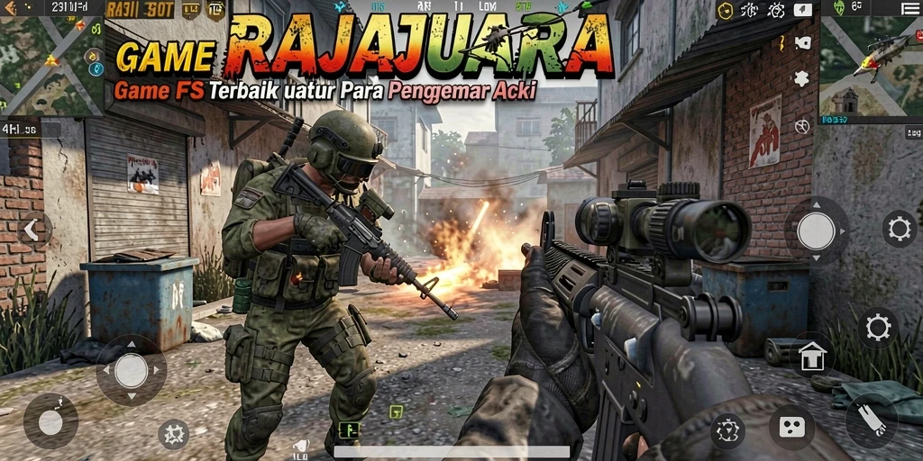 Tangkapan layar gameplay RAJAJUARA menunjukkan aksi tembak-menembak yang mendebarkan.