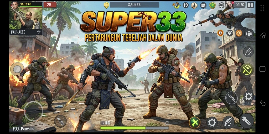 Screenshot SUPER33 menunjukkan aksi pertarungan seru dalam Battle Royale.