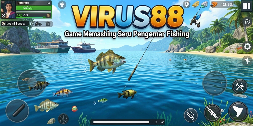 Tampilan gameplay VIRUS88 dengan pemandangan indah dan ikan yang beragam.